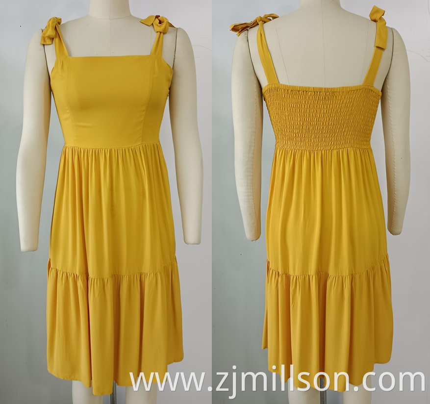 Woven Yellow Smocking Shoulder Straps Dress